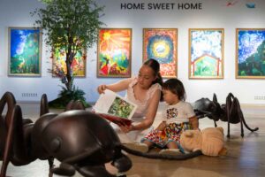 2 year old Freya and 11 year old Athena at the immersive Home Sweet Home exhibition by Huaicun Zhang at Mall Galleries. Photo: Mark Sepple & WADE PR
