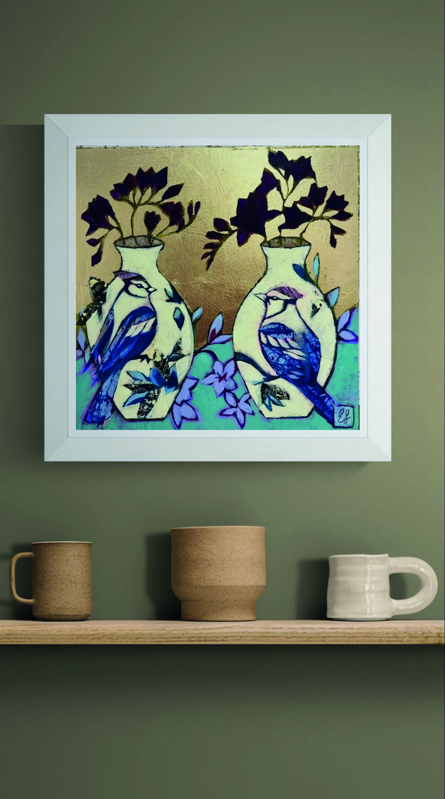 Emma Forrester ‘Blue Jay Pair’ £595 30x30cm mixed media
