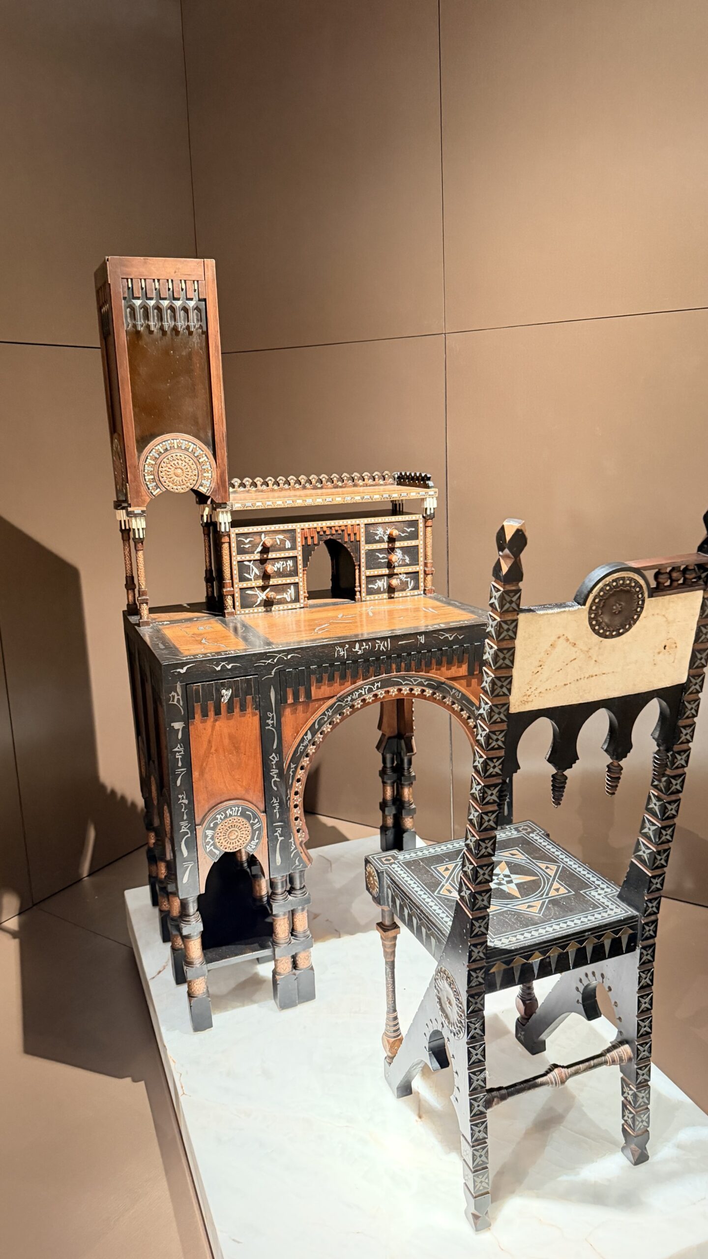 Carlo Bugatti writing desk with matching side chair, made in Milan around 1895–1900